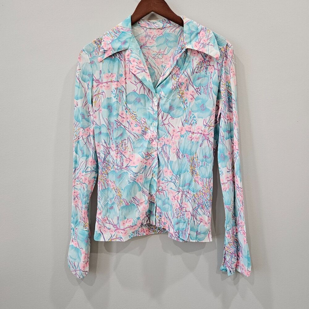 Vintage Womens Tropical Button Up Shirt Small Multicolor Boho Resort Vacation